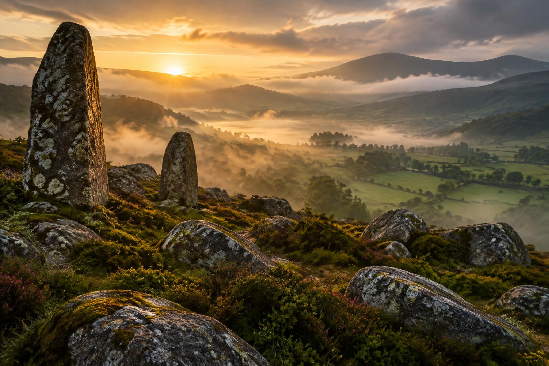 Pedras erguidas numa encosta ao amanhecer, entre névoa dourada e vale verde